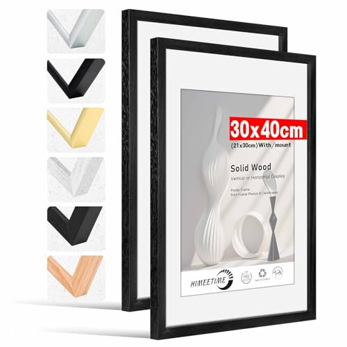 HIMEETIME® 2x Bilderrahmen,30x40 cm Schwarz Rahmen Bild mit Passepartout Display a4 (21x30cm), Holzrahmen Holz-Bilderrahmen Echtholz | Picture Frame 30x40 Fotorahmen zum Aufhängen