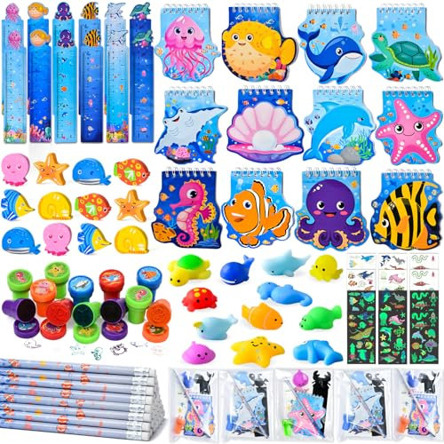 84Pz Sotto il mare Borse per Feste del Mare Mini Quaderni Righello Matite Gomma Tatuaggi Temporanei Timbro per Bambini Sacchetti Trasparenti Ocean Animals Party Bags Fillers