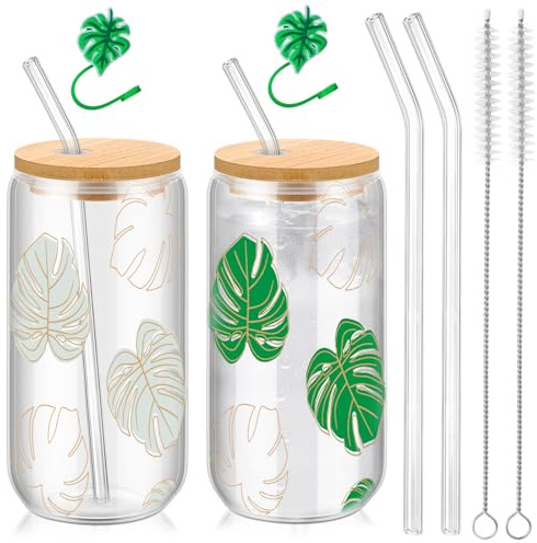 Skylety 2 Set Color Changing Cups with Bamboo Lids & Straws 16 oz Monstera Glass Cup Summer Iced Coffee Cold Tumbler Plant Lover Gifts Cute Can Drinking Glasses for Beach Office, 2 Brushes
