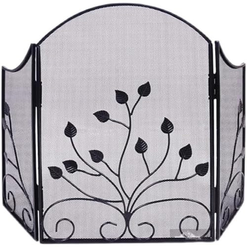 MENGLI-2024 Fireplace Screen Black Iron Free-Standing Tri-Fold Fireplace Screen with Carved Design, Decorative Hollow Art Stove Guard Spark Guard Cover