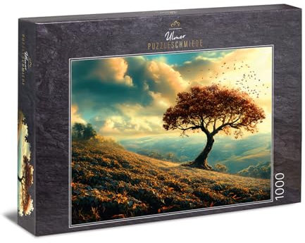 Ulmer Puzzleschmiede - 1000 Teile Puzzle „Herbstland“ - Einsamer Baum in der Herbst-Landschaft mit Hügeln im besonderen Licht - Puzzle-Qualität Made in Germany