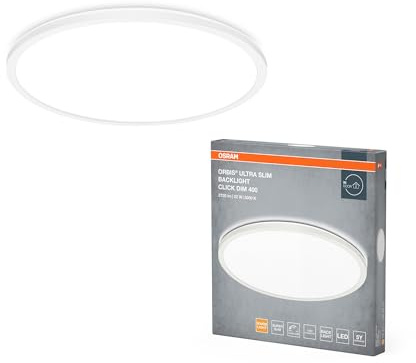 Osram ORBIS Ultra Slim Deckenleuchte 400mm, weiß, 22W, 2720lm, homogenes, warmweißes Licht (3000K) + Hintergrundlicht, dreistufige Dimmbarkeit über Wandschalter, ultraflach, Schutzklasse IP20