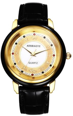 Lancardo Uhren Herren Echtleder Herrenuhren: Chinesischen Sternzeichen Analoge Quarz Armbanduhren mit Diamant Skala Imitation Hetian Jade Uhr mit Echtlederarmband Geschenke für Männer schwarz