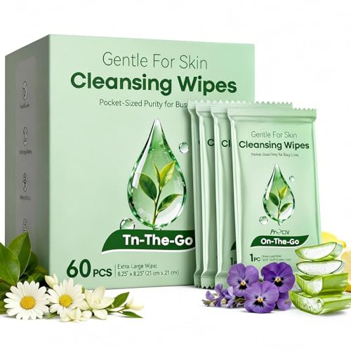 Green Tea Facial Cleansing Wipes, 60PCS Extra Large No Rinse Cleansing Cloths for Body, Gentle Cleanse, Soothe & Hydrate, Travel Essentials & Disposable for Post Workout Cleanup & Elderly Hygiene