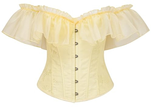 Bslingerie Women Corset Victorian Style Off-Shoulder Corset, Floral Embroidered, Light Blue and yellow, Ruffle Sleeve (UK, Alpha, S, Regular, Regular, Yellow)