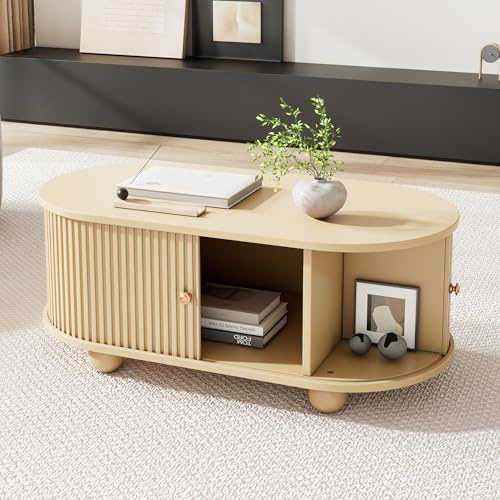 Aislinglen Table basse ovale avec espace de rangement et portes coulissantes, table d'appoint, table basse, style maison de campagne, table de salon, couleur bois (100 x 50 x 40 cm)