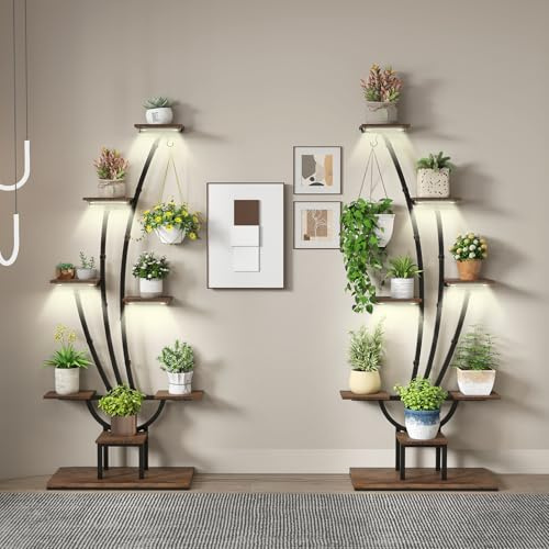 COSTWAY 2 Pack Pflanzenständer mit Wachstumslichtern, 8-stöckiges Pflanzenregal, Blumenständer Innenbereich, Blumentreppe aus Metall Holz, Blumenregal für Indoor Zuhause Garten Balkon, 67x30x156cm