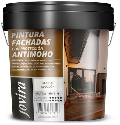 JOVIRA PINTURAS PINTURA FACHADAS ANTIMOHO. Repelente al agua, impermeable y anti fisuras. (15 Litros, Blanco Algodón)