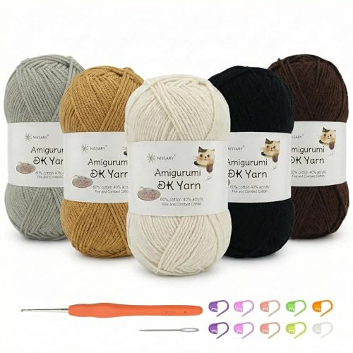 Nissary Häkelgarn 5x100g, Wolle Zum Häkeln & Stricken, 60% Baumwolle + 40% Acryl, Häkelwolle DK für Anfänger mit 2,5mm Häkelnadel und Zubehör, perfekt für Amigurumi und Handwerk Schwarz