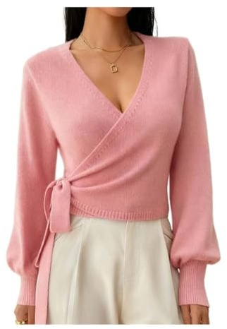 2026 Y2K Pull cache-cœur pour femme - Haut court à nouer sur le devant - Manches longues et col en V - Décontracté - Tendance - Tricot doux