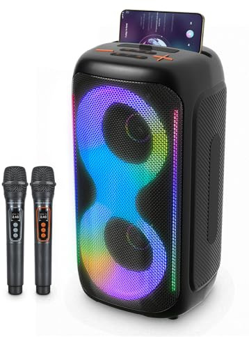 GKD40 Machine Karaoké Portable Bluetooth avec Système PA, 2 Microphones Sans Fil Rechargeables et Enceinte LED. Enceinte Woofer 4 Pouces, Idéale pour Adultes, Fêtes en Extérieur ou Chant à la Maison