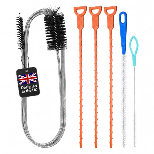 Sink Unblocker, Drain Snake Hair Remover, 6 Piece Drain Unblocker Tool Set | drain snake unblocker for shower and bath, plughole unblocker, drain hair remover, stainless steel, designed in the UK