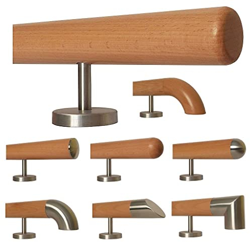 Buche Holz Treppe Handlauf Geländer Griff gerade Edelstahlhalter, Länge 30 - 500 cm aus einem Stück / zum Beispiel Länge 50 cm mit 2 gerade Halter - Enden = Radius gefräst
