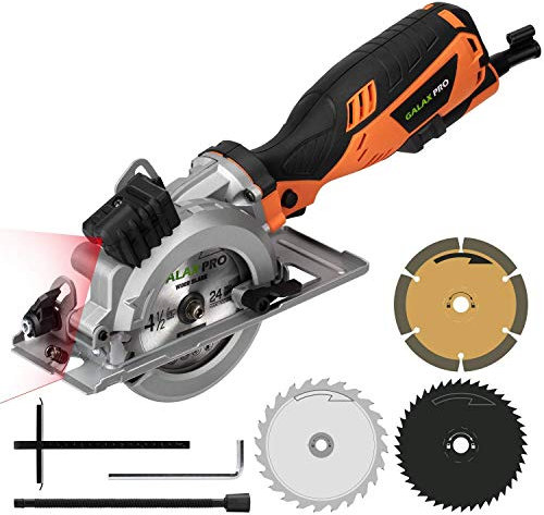 GALAX PRO Sierra Circular,705W 3500RPM Mini Sierra Circular, Guía Láser, 3 Cuchillas Ø 115 mm, Profundidad de Corte :28mm/45°, 42.88mm/90°, Sierra para Cortar Madera, Metal, Azulejo