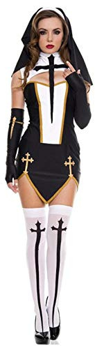 KHDFYER Sexy Damen Schwarz Weiß Sexy Nonne Schwester Kostüm Jungfrau Maria Nonnen Kostüme Erwachsene Frauen Halloween Cosplay Party Kleid + Kapuze + Handschuhe + Strümpfe-Schwarz_M.