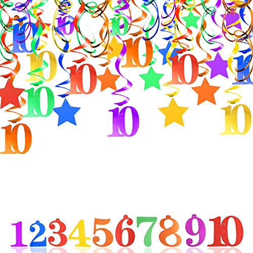 HOWAF Bunt 10 Jahre Geburtstag Deko für Mädchen Junge 10. Geburtstag Dekoration, 30 Stück Deckenhänger Wirbel Spiral Girlande 10 Geburtstag Hängedeko mit Motiv Star Nummer 10 für 10. Kindergeburtstag