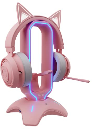 Tilted Nation Gaming Headphone Stand | Pink Headset Holder with RGB, Mouse Bungee and USB Hub | Cute Headphone Stand for Gamer Girl Accessories