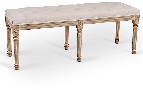 VONLUCE Banc Ottoman 120 cm Banquette de Vintage Style Français Louis ⅩⅣ Assise Rembourrée Cadre en Bois pour Entrée Salon Chambre Décoration, Beige