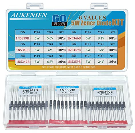 AUKENIEN 5W Zener Dioden Sortiment 6 Wert 60 Stück 1N5339B 5,6V 1N5340B 6V 1N5342B 6,8V 1N5346B 9,1V 1N5349B 12V 1N5359B 24V Z Diodes Assorted Kit