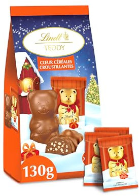 Lindt - Sachet de Mini-Moulages individuels fourrés TEDDY - Chocolat au Lait et cœur céréales croustillantes - Idéal pour Noël, 130 g