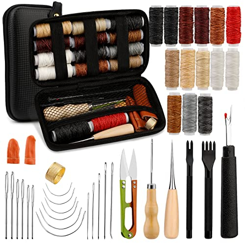 37-Pack Upholstery Repair Kit, Leather Stitching Kit with Waxed Thread, Sewing Awl, Seam Ripper, Leather Sewing Kit with Large-Eye Stitching Needles for DIY Leather Craft Repair
