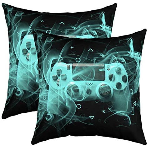 Loussiesd Gamer Kissenbezug für Kinder, Gamepad für Sofa, Bett, Videospiel-Controller, Gaming-Kissen, 40 x 40 cm, Spielkonsole für Jugendliche, Blau / Schwarz, Geometrie-Design
