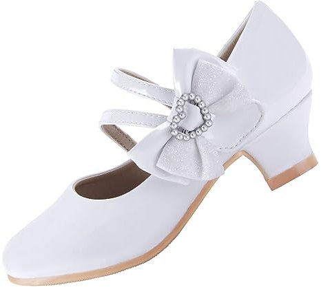 EIGHT KM Girls High Heel Dress Shoes Mary Jane Wedding Party Pump Princess Shoes EKM7035 Patent Leather Heart Pearl Bow White UK Little Kid Size 12.5