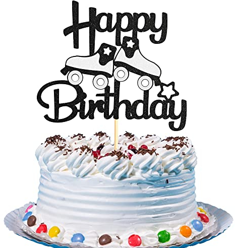 Sumerk 1 Stück Silber Roller Skate Happy Birthday Cake Topper Rollschuh Tortenaufsatz Rolling Retro Girl Club Hip Hop Thema Party Kuchen Dekoration Vorräte für Kinder Jungen Mädchen