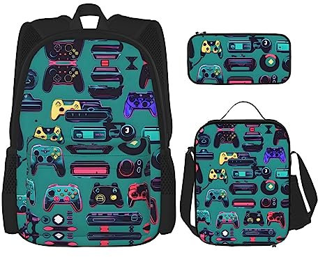 OdDdot School Backpack Set,Travel Backpack,Lightweight Bookbag,with Lunch Bag,Pencil Case-Gaming Controller Patterns Print