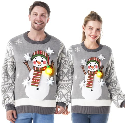JOYIN Christmas Women Snowman Gray Ugly Jumper and Light Bulb Novelty LED Light Up Long Sleeve Xmas Knitted Pattern Pullover Jumper-L