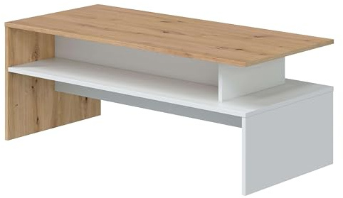 Habitdesign, Couchtisch für kleine Räume, Wohnzimmertisch mit offenem Fach, modernes Design in Eiche Nodi und Artik weiß, rechteckig, Maße: 108 x 43 x 50 cm (B x H x T), Modell Lyra