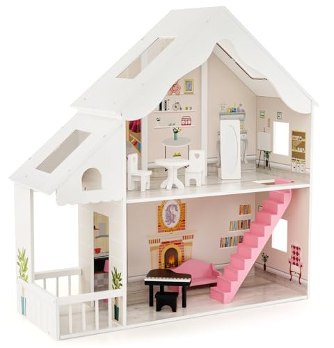COSTWAY Puppenhaus Holz, 2 stöckige Puppenstube mit Zubehör & Möbeln, Dollhouse Spielzeug für 28-36 cm Puppen, für Kinder ab 3 Jahre