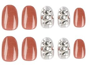 24pcs Short Oval False Nails Brick Red Silver Press on Nails Rhinestone Stick on Nails Acrylic False Nails Removable Glue-on Nails Full Cover Fake Nails Women Brides Nail Art Accessories