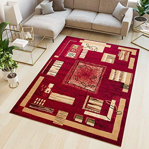 TAPISO Atlas Teppich Wohnzimmer Kurzflor Rot Beige Creme Modern Vierecke Blumen Schlafzimmer ÖKOTEX 80 x 150 cm