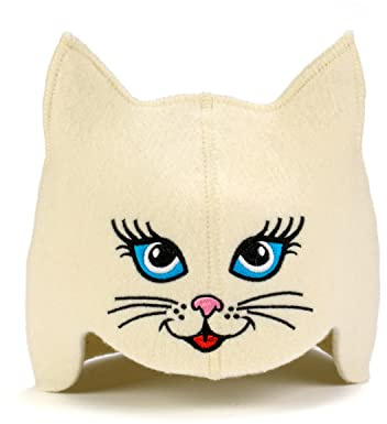 Saunahut für Damen und Herren aus Filz - Sauna Kitten Cat – Weiss Saunahut für Herren und Damen aus 100 Prozent Natürlichem Wollfilz – Saunamütze mit Stickerei – Hitze-Schutz – Inkl. Sauna E-Book