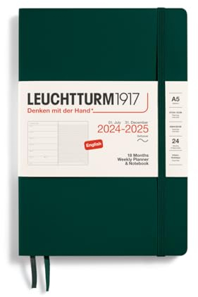 LEUCHTTURM1917 370812 Wochenkalender & Notizbuch 2025, Medium A5 Softcover - 18-Monats-Planer, liniert - Forest Green, Englisch
