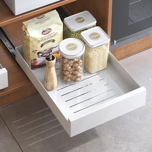 Kitstorack Pull Out Cabinet Organiser, Pull Out Shelf Slide Out Drawers Storage for Kitchen Cupboards, Heavy Duty Extendable Sliding Drawer, No Need Drill, 43 Depth x 30 Width x 8 Height cm,White