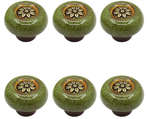 6 Stück Keramik Griff Runde Schrankknöpfe Vintage Schubladengriffe Türknöpfe Möbelknöpfe Küchengriffe mit Schraube für Küchenschränke,Kommode,Schubladen,Möbel,Heimdekoration (A,Green)