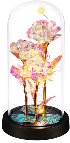 TRYQTYL Glasrose in Glaskuppel Galaxie Rose Blume Geschenk Infinity Rose im Glas Leuchtende Rose in einer Glaskuppel Verzauberte Rose Geschenk für Frauen