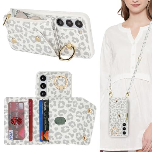 Lipvina Coque pour Samsung Galaxy S23 avec Cordon Porte Carte Coque zippé Portefeuille Femme Telephone Portable Réglable Collier Housse Étui avec Anneau pour Femmes - Léopard Blanc
