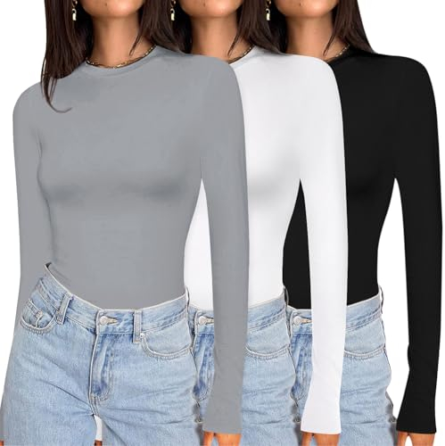 Ekouaer Womens 3 Pack Long Sleeve Tops Crew Neck Shirts Thermal Tops Set Stretch Fitted Underscrubs Layer Tee Black + Light Grey + White M