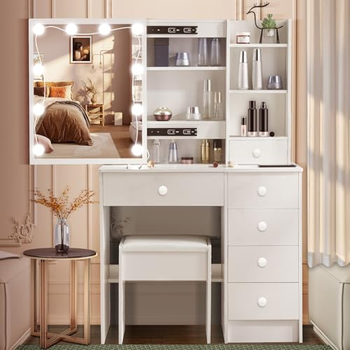 Dradaomull Schminktisch mit Spiegel und 10 LED-Leuchten, Weiß Schminkkommode mit 6 Schubladen und 3 offenen Fächern, 3 einstellbare Beleuchtungsstärken