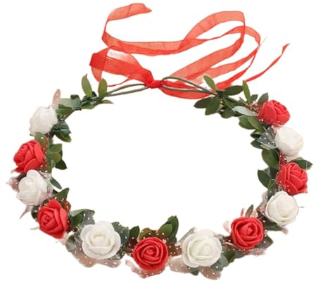 SLXLYH Blumenstirnbänder für Damen, Braut, Blume für Hochzeit, Party, Blumenkranz, Blumenstirnbänder (Milchweiß, Rot)