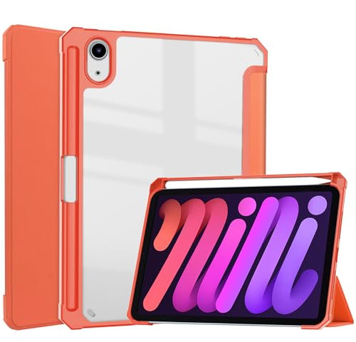 NINKI Hülle für iPad Mini 7 hülle transparent iPad Mini 7 Case mit Stifthalter,(Einstellbarer Stand Mode & Auto Sleep/Make),durchsichtig Schutzhülle für iPad Mini 7 Generation hülle Orange Klar