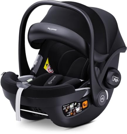 my junior® AURA PRO i-Size Babyschale, 11-stufige Kopfstütze, 5-Punkt-Gurt, Seitenaufprallschutz, Bambuseinlage (Black)
