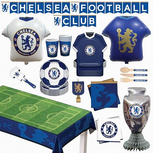 Official Chelsea FC Party Supplies Box for 6 guests | All in one 77pcs incl. Disposable Tableware, Cutlery, Jersey Foil Balloon, Decorations & Party Favors | Perfect for Matchday & Birthday Celebrate
