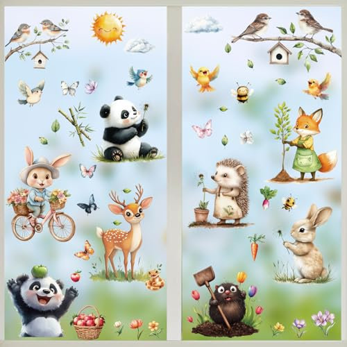 BETESSIN Fensterbilder Frühling Kinder - 9 Bögen Tiere Fensterbilder für Kinderzimmer - Statisch Haftende Fensteraufkleber Selbstklebend - Fensterdeko für Frühling, Sommer