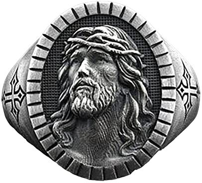 YPOSPDD Explosiver Stil Herren-Jesus-Ring aus oxidiertem antikem Silber, ovaler christlicher religiöser Ring, Herrenring