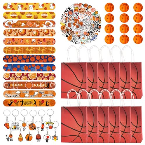 Eymobad Lot de 98 petits Cadeaux de Fête de Basket-ball,Jouet Mini Basketball,Sacs Cadeaux de Basket-ball,Porte-Clés,Bracelets,Autocollants,Accessoires de Fête pour Enfants, Fans de Basket-Ball