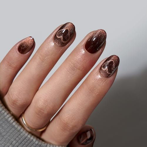 BTArtbox Extra Short Press On Nails Almond - Brown Cat Eye False Nails with Glue, Opaque Soft Gel Stick On Nails in 16 Sizes - 32 Fake Nail Kit, Heart Coffee Art